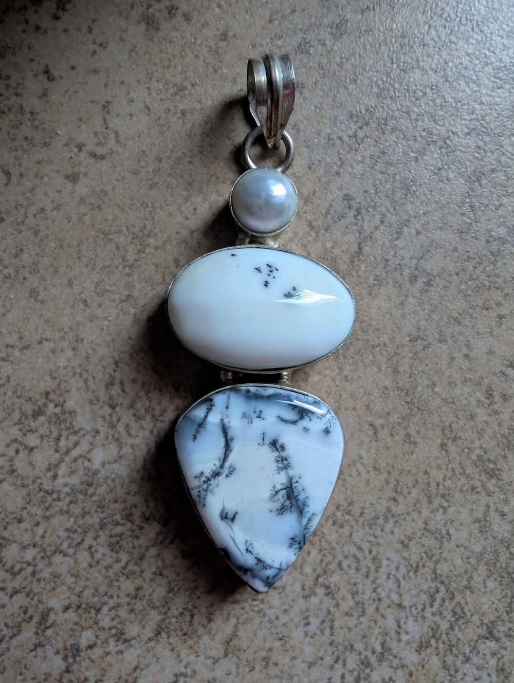 925 Sterling Silver Dendritic Opal Pearl Statement Pendant Large